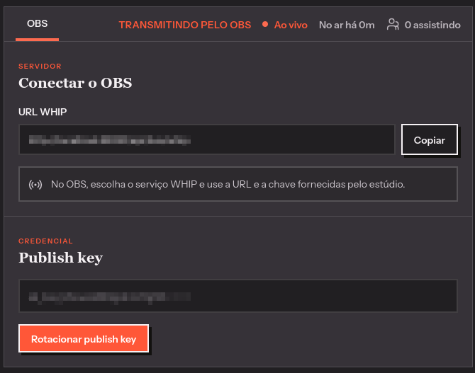 Estúdio de transmissão enquanto uma transmissão pelo OBS está ativa