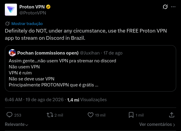 Imagem do tweet da ProtonVPN ironizando a situação