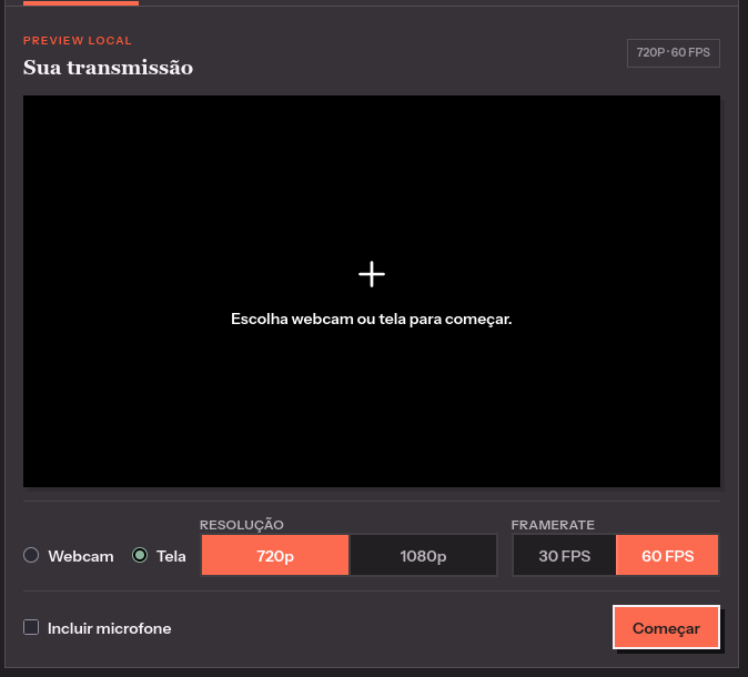Aba de transmissão pelo navegador no Estúdio de Transmissão