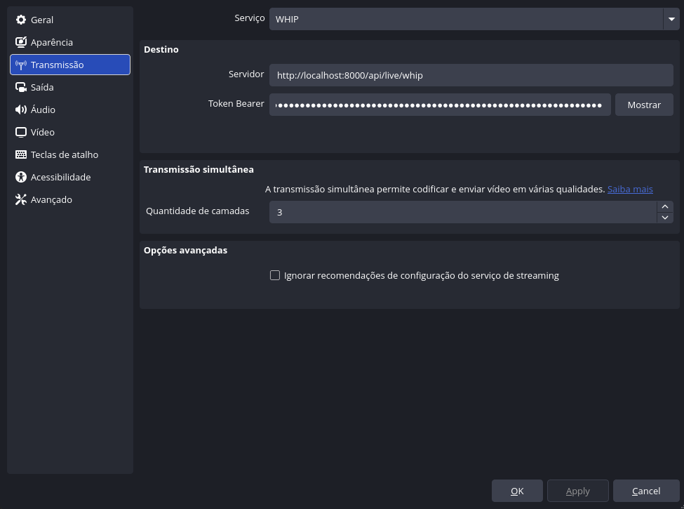Aba Transmissão no OBS