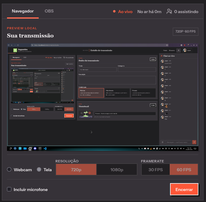 Área de transmissão durante um evento ao vivo